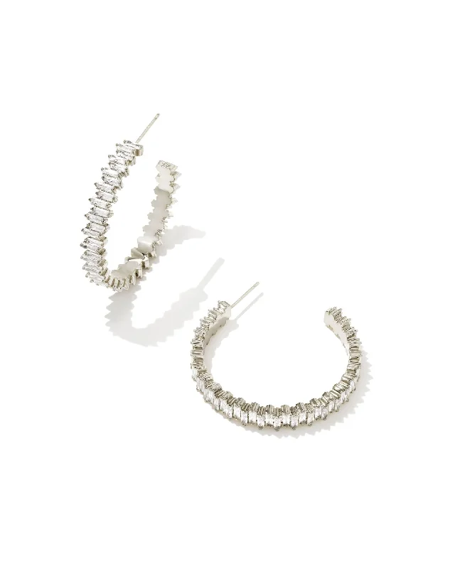 Hoop earrings with artistic filigree designs for an intricate, delicate finish-Juliette Hoop Earrings in Rhodium White Crystal