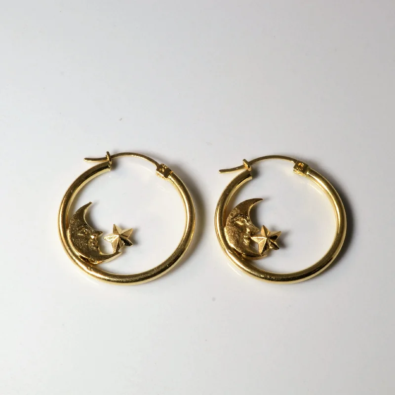 Hoop earrings with twisted metal designs for a dynamic and modern style-Moon & Star Gold Hoop Earrings |