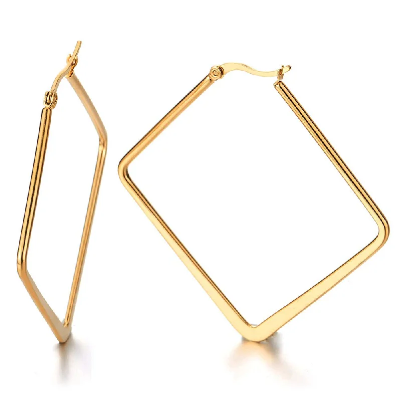 Best hoop earrings with baroque pearls for a luxurious and elegant vibe-Pair Stainless Steel Gold Color Large Plain Square Huggie Hinged Hoop Earrings for Women Girls