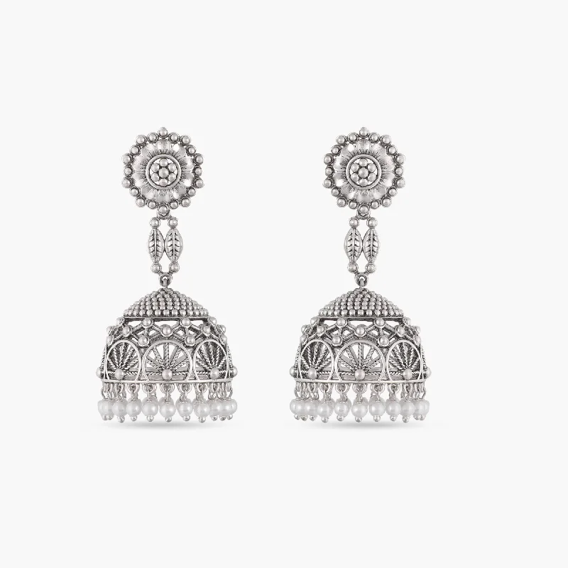 Hoop earrings with rhinestone embellishments for a glamorous and sparkling look-Pusp Antique Silver Jhumka Earrings