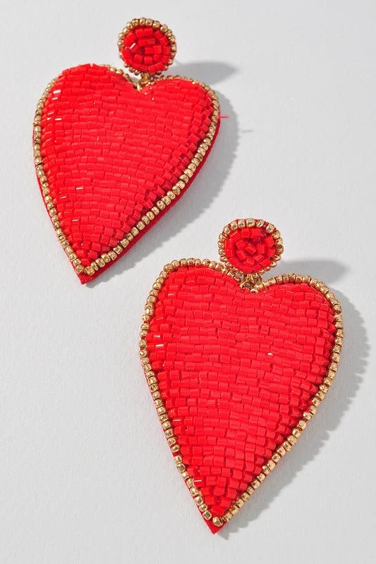 Lightweight hoop earrings for comfortable and all-day wear-Seed Beaded Heart Earring in Red