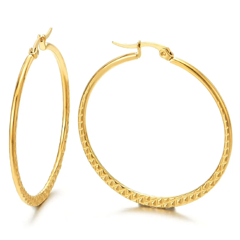 Hoop earrings with pearl accents for a chic and classic style-Women Steel Large Grooved Grid Pattern Circle Huggie Hinged Hoop Earrings, Gold Color, Fashion